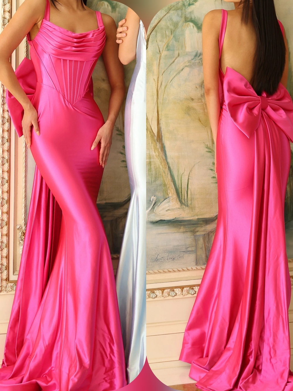 Jovani Hot Pink Satin Mermaid Gown with Dramatic Back Bow